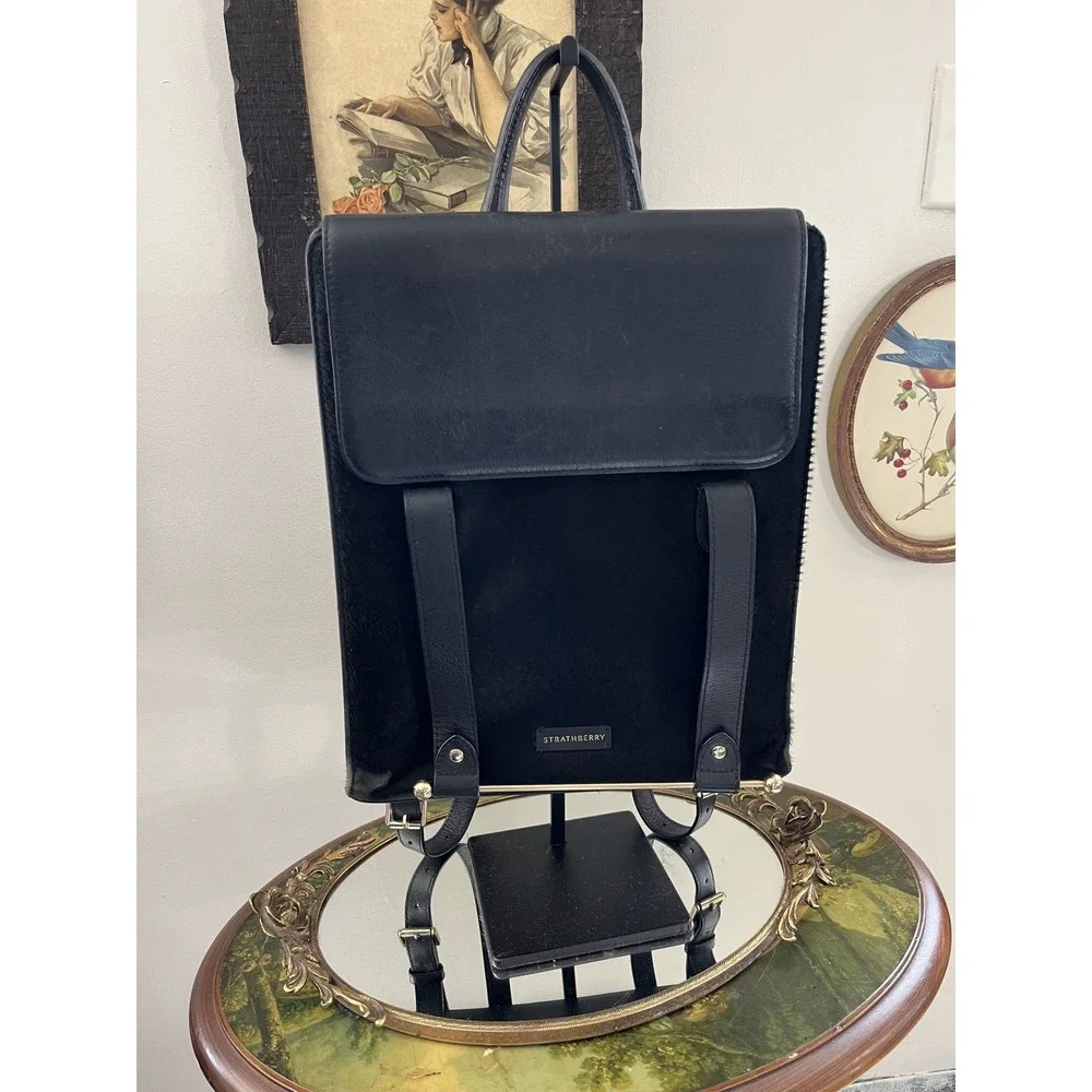 Strathberry Black Leather & Calf Hair Convertible Backpack Made in Spain